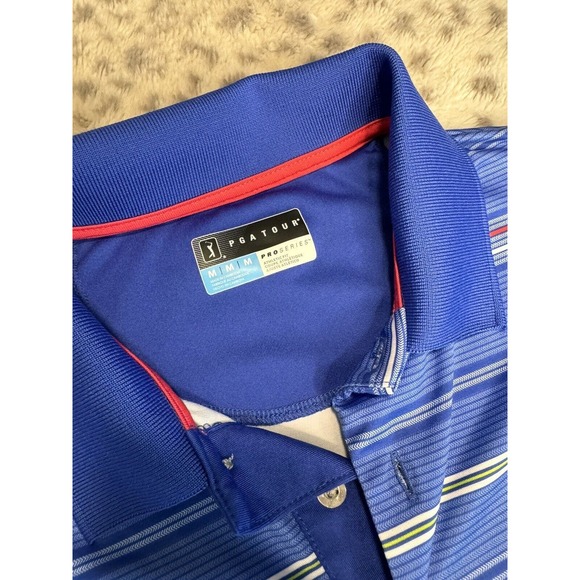 Men's PGA Tour Pro Series Athletic Fit Stretch Golf Polo Blue Stripe Medium - Picture 2 of 3